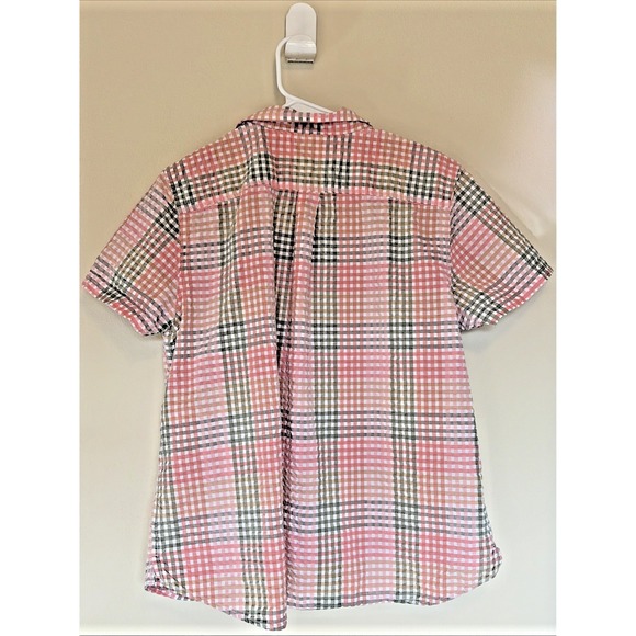 LL Bean Coral Green Seersucker Gingham Popover Blouse Shirt Top Womens XL - Picture 5 of 7